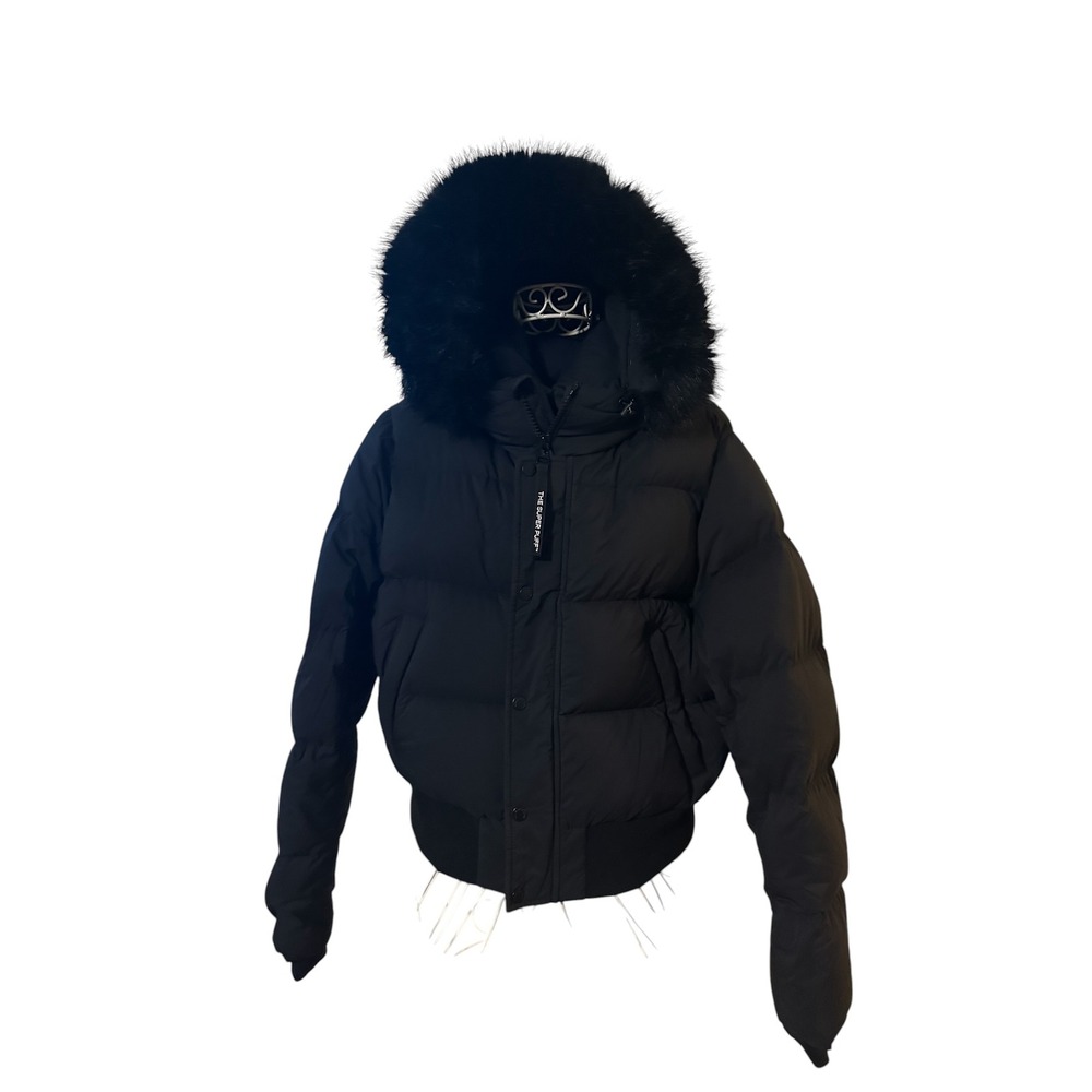 Aritzia TNA The Super Chalet Puff Black Down Bomber Jacket Faux Fur Hood Large